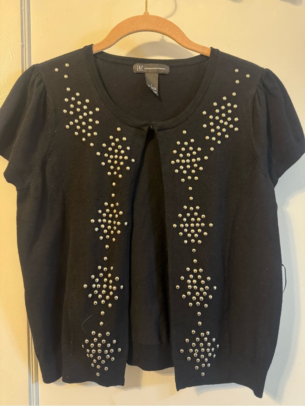 INC International Concepts Black Short Sleeve Studded Cardigan